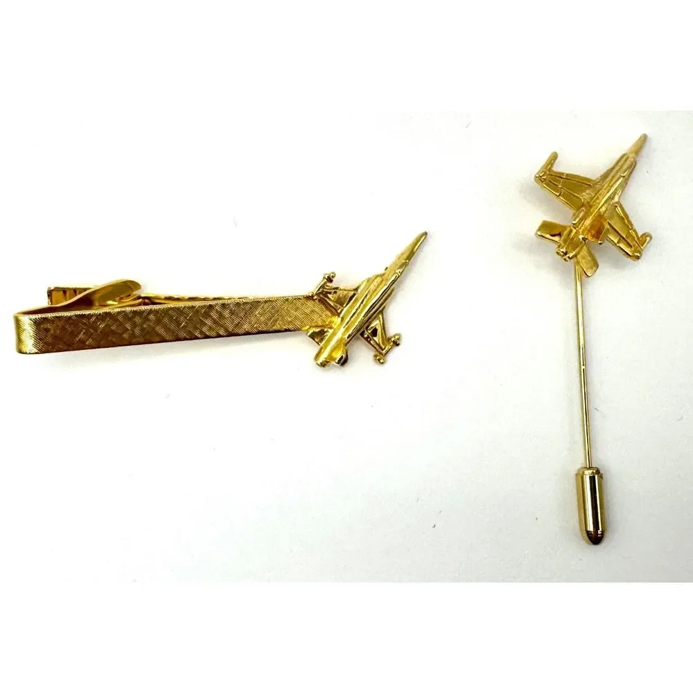 Fighter Jet Gold Plated Vintage Tie Bar Clip Lapel Pin Air Force Service Jets